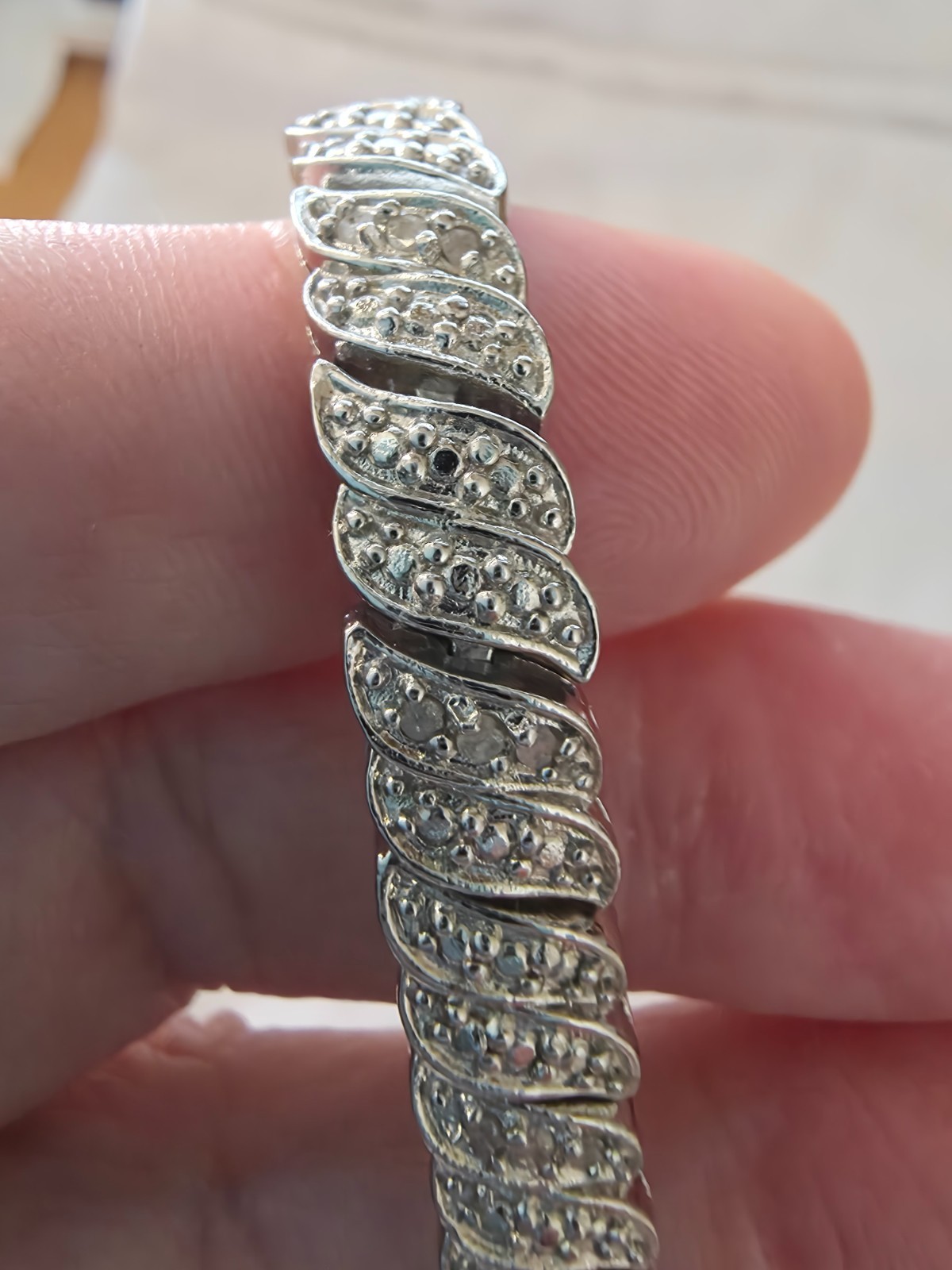 Vintage Silver Tone Tennis Bracelet with Pave Set Rhinestones and Zig Zag Design