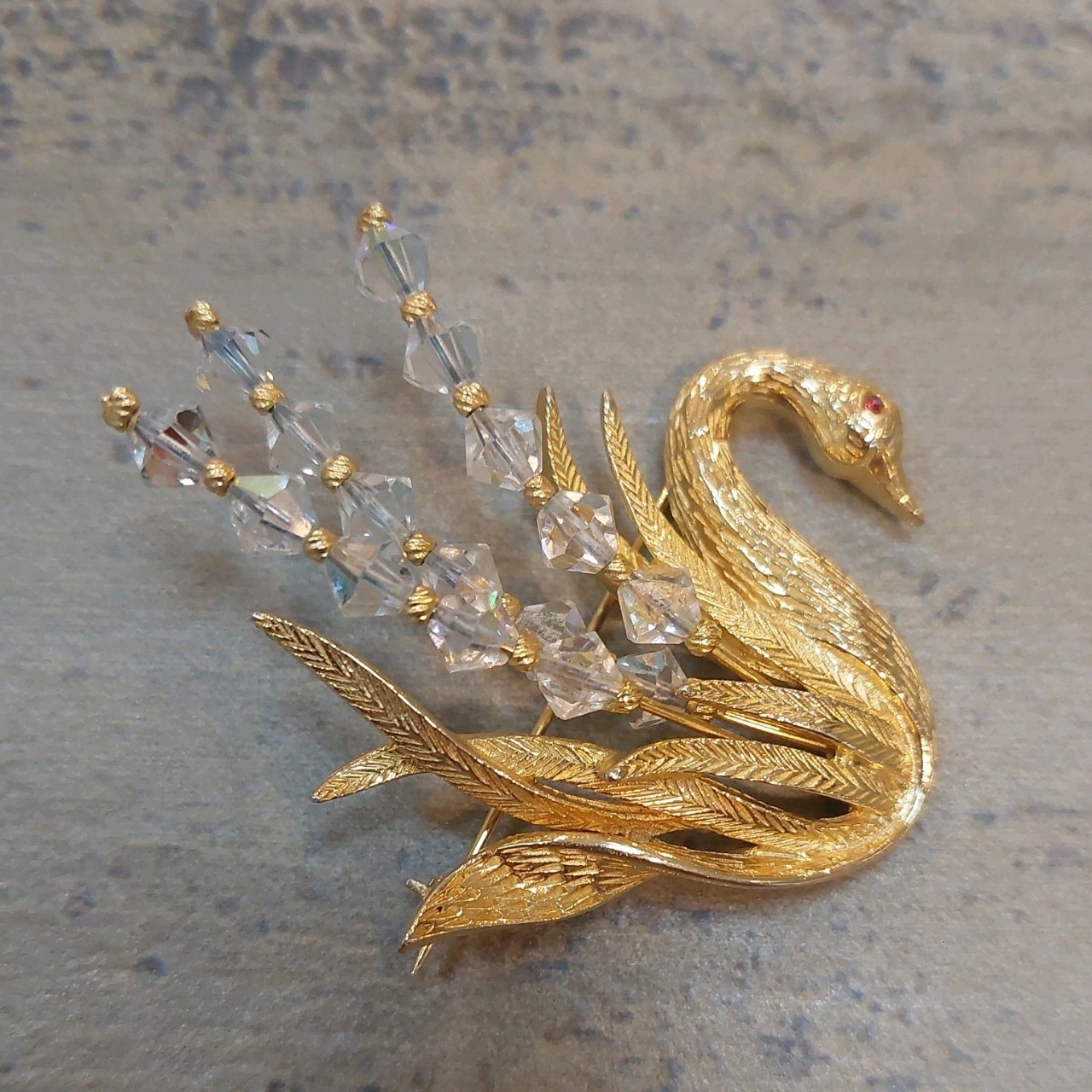 Kramer Bird Swan Crystal Beads Vintage Brooch Signed