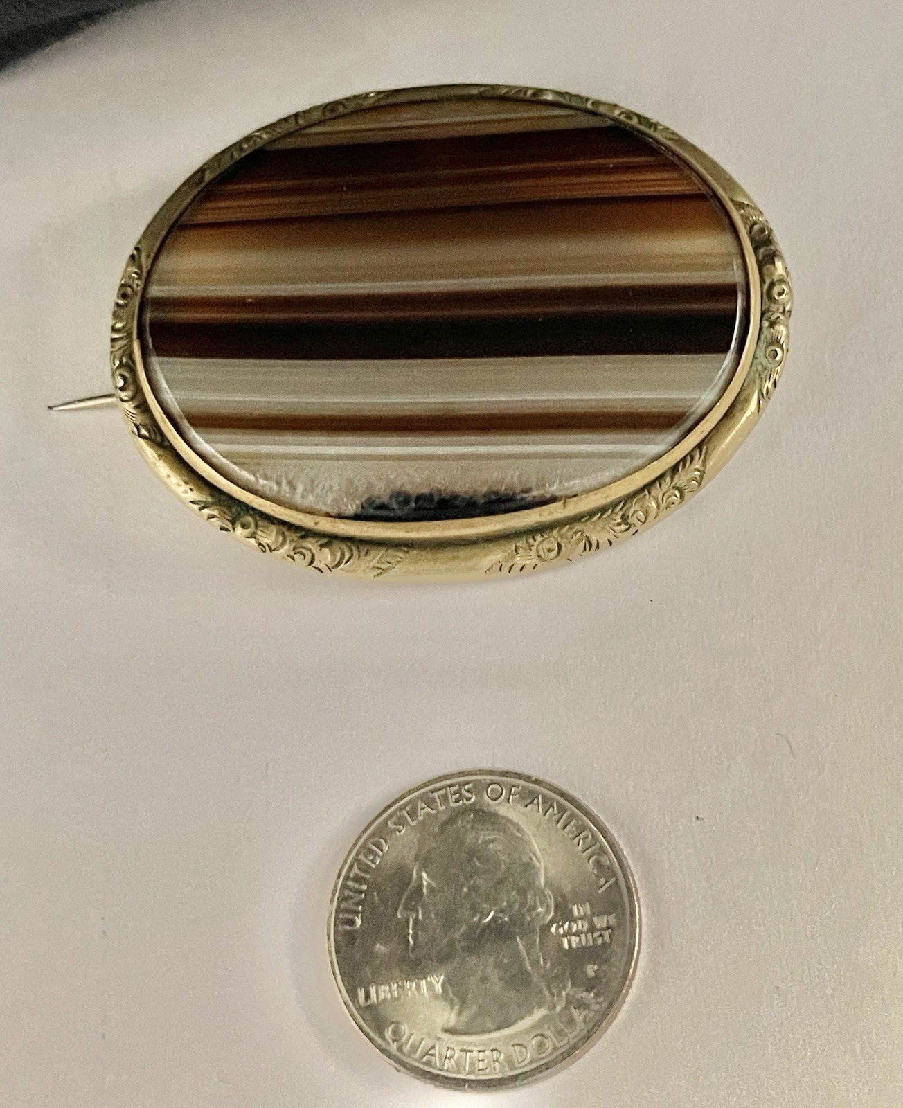 Antique Victorian Brown, Black & White Banded Agate in Goldtone Pinchback Brooch