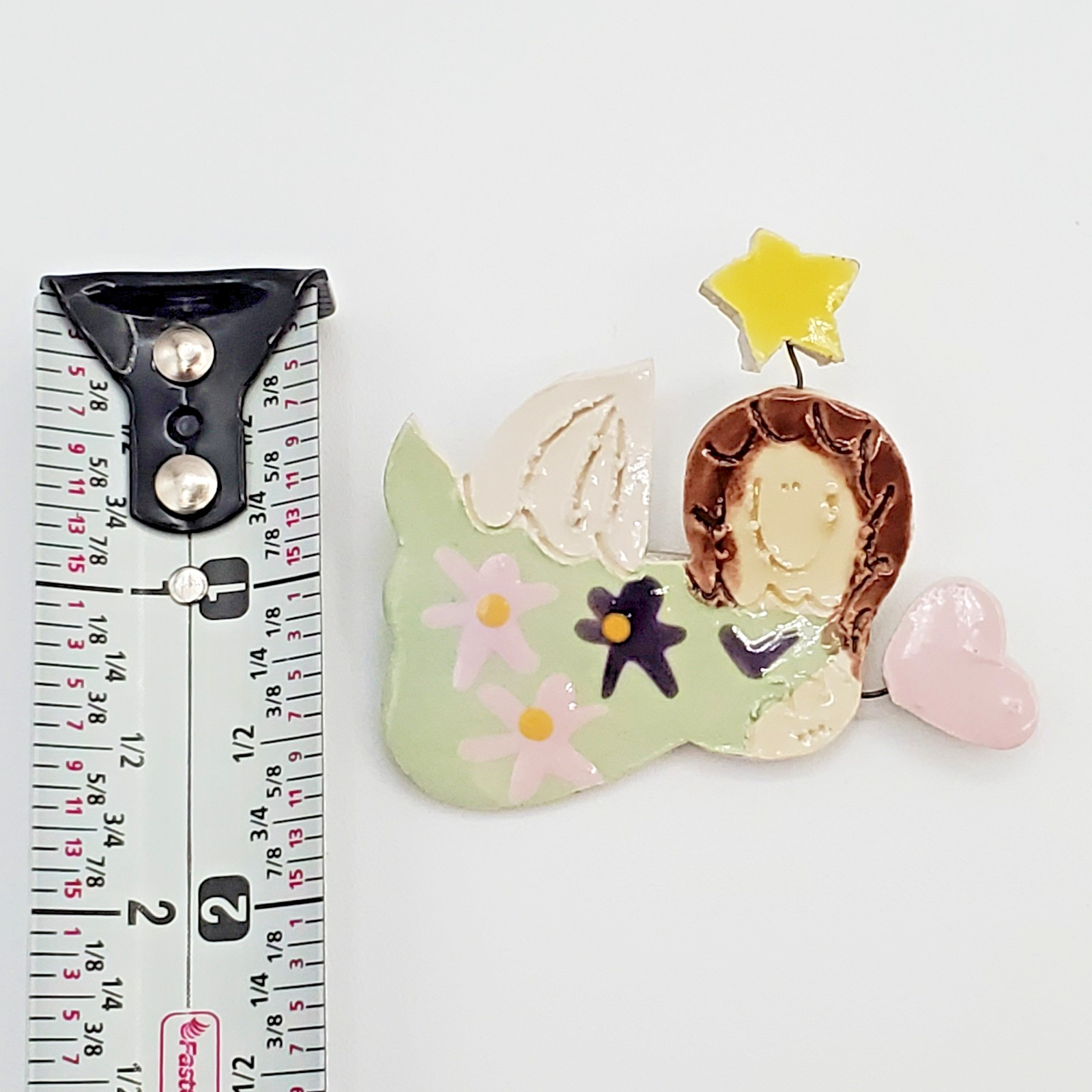 Hand Crafted Angel Brooch 2in Painted Ceramic Floating Heart Star Artisan Pin