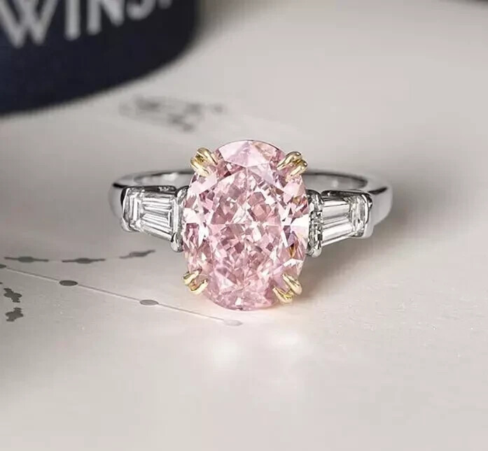 Three Stone Classic Pink Lab Created Diamond Engagement 14K White Gold FN Ring