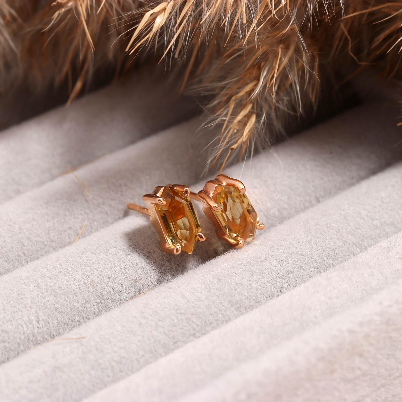 Natural Citrine Hexagon Stud Earrings Rose Gold Fill 925 Sterling Silver Jewelry