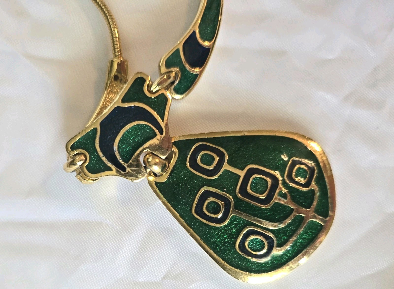Vintage 1970s Blue & Green Enamel Gold Tone Collar Necklace, made in Thailand
