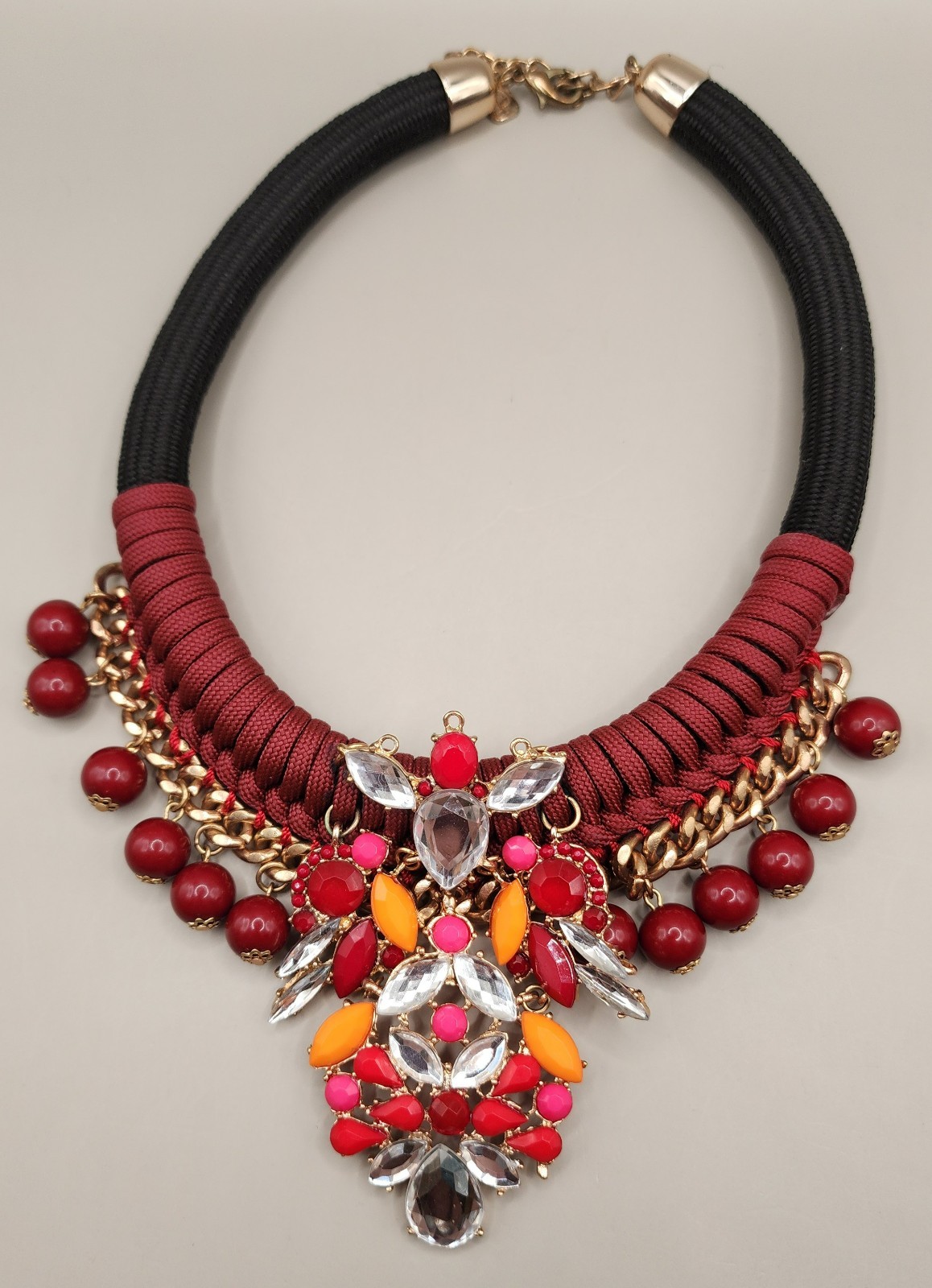 You & I Chunky Statement Bib Necklace Red Orange Crystal Rhinestone Mixed Media