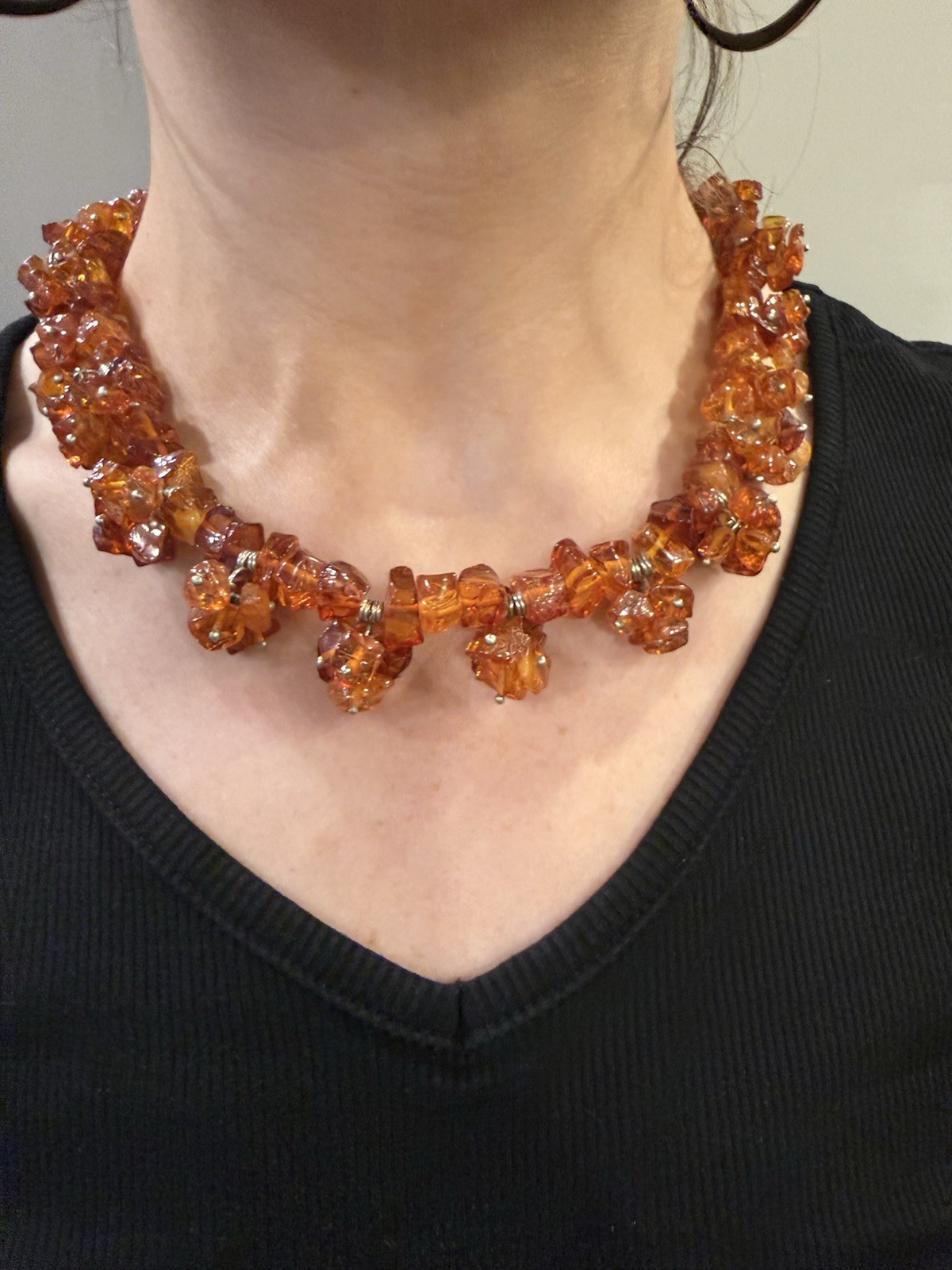 Vintage Genuine Amber Cluster Nugget Necklace Collar Style Orange Red 65g