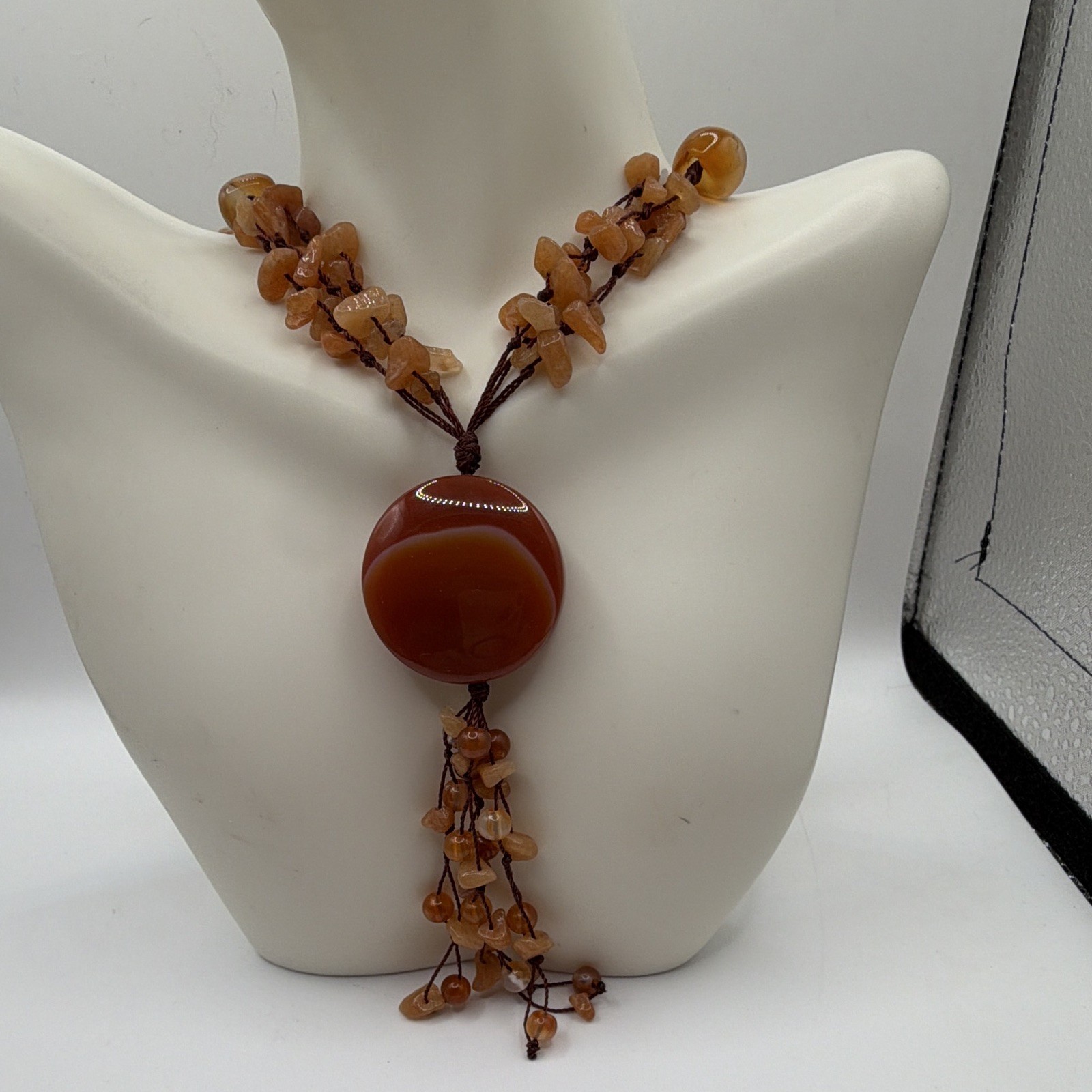 Bohemian Brown/Orange Agate Beaded Pendant Necklace Adjustable Cord Tassel
