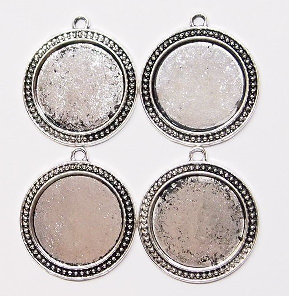 4 of 30mm Round Antique Silver Victorian Art Deco Beaded Pendant Setting 44x38mm