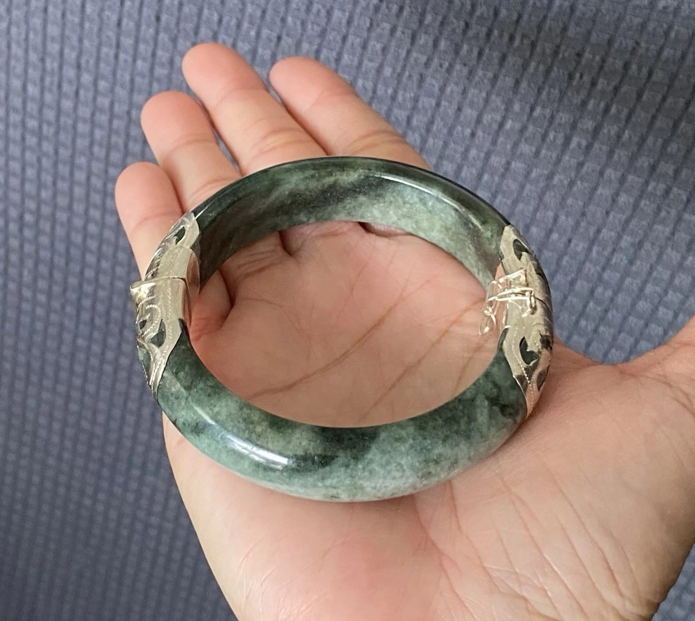 7.1 ” 925 Silver Handmade Genuine Burmese Jade Women Bangle Bracelet US SELLER