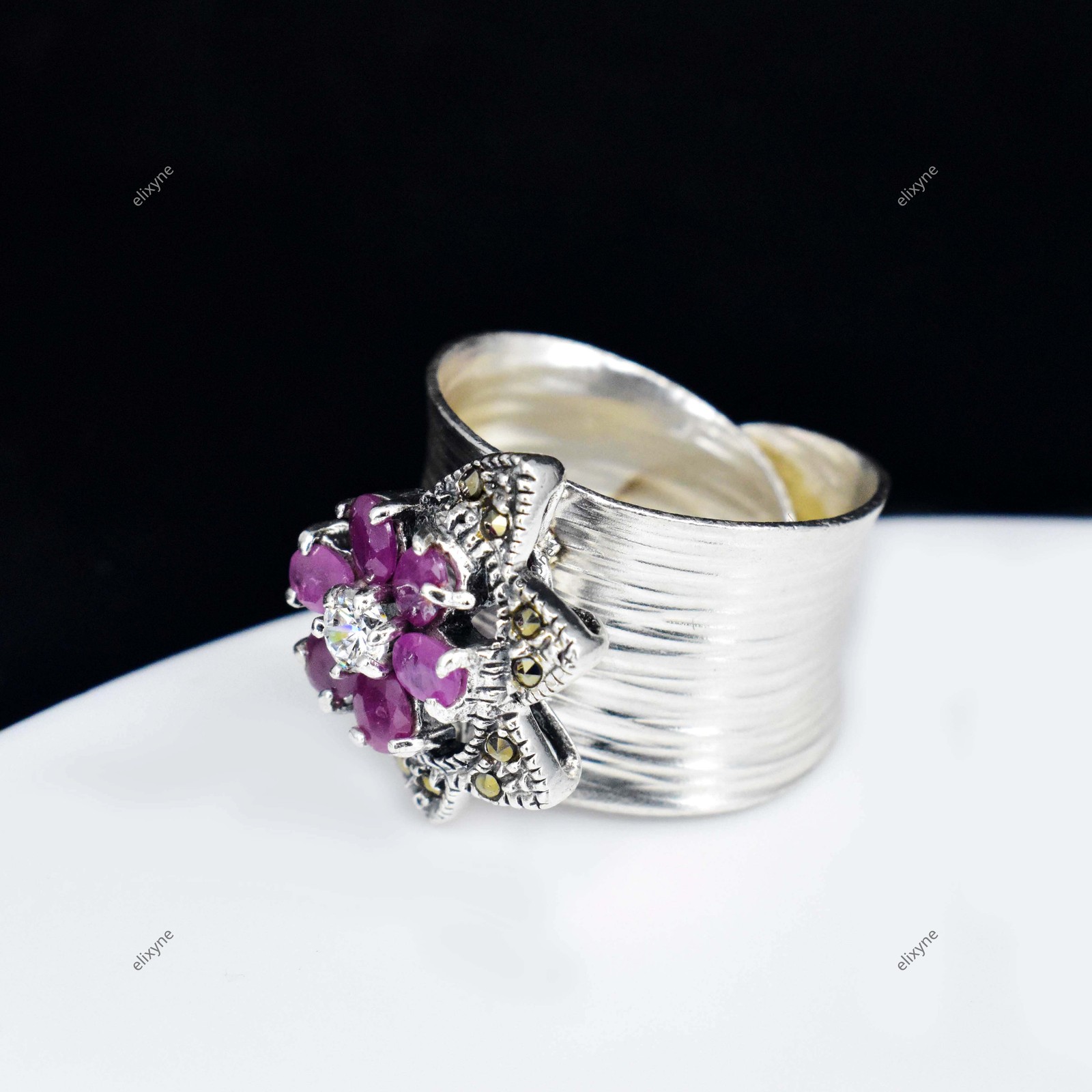 925 Sterling Silver Unheated Natural Ruby & Marcasite Adjustable Ring 7.69 GM