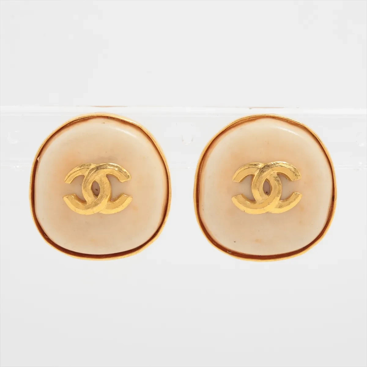 CHANEL Earrings CC COCO Mark Logo 98P GP Beige Gold Stone Vintage Round Auth
