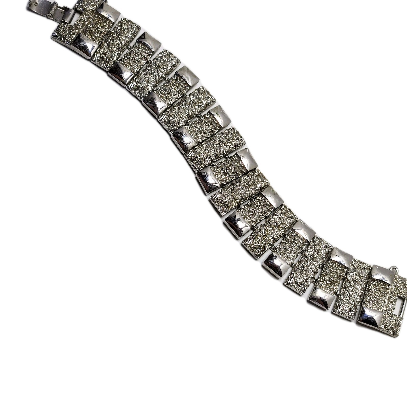 Vintage Monet Silvertone Bracelet Textured 1″ wide 7″ Fold Over Clasp No Safety