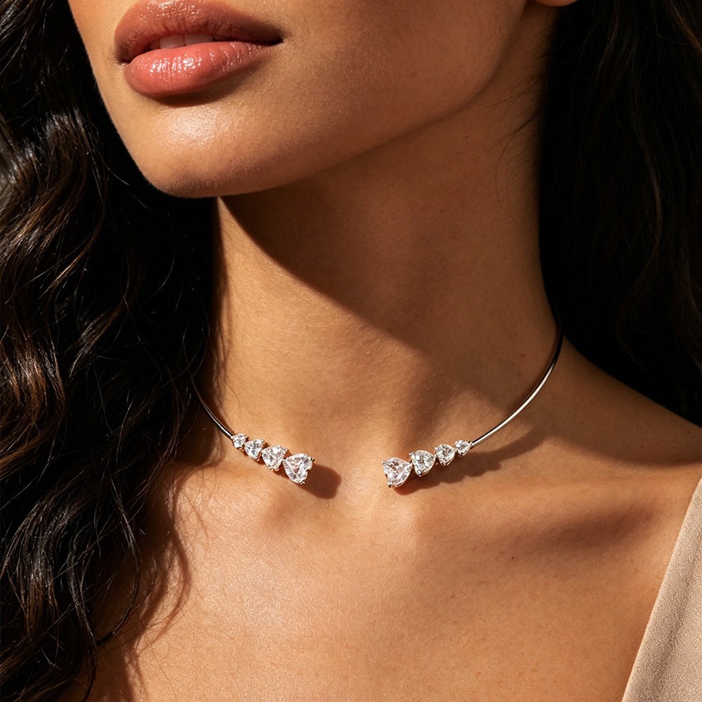 13CTW Heart Cut Real Moissanite 925 Sterling Silver Necklace Open Choker Collar