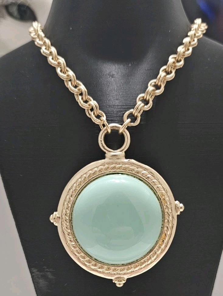 Chico’s Reversible Faux Turquoise Gold Tone Turtle Medallion Necklace Boho Coin