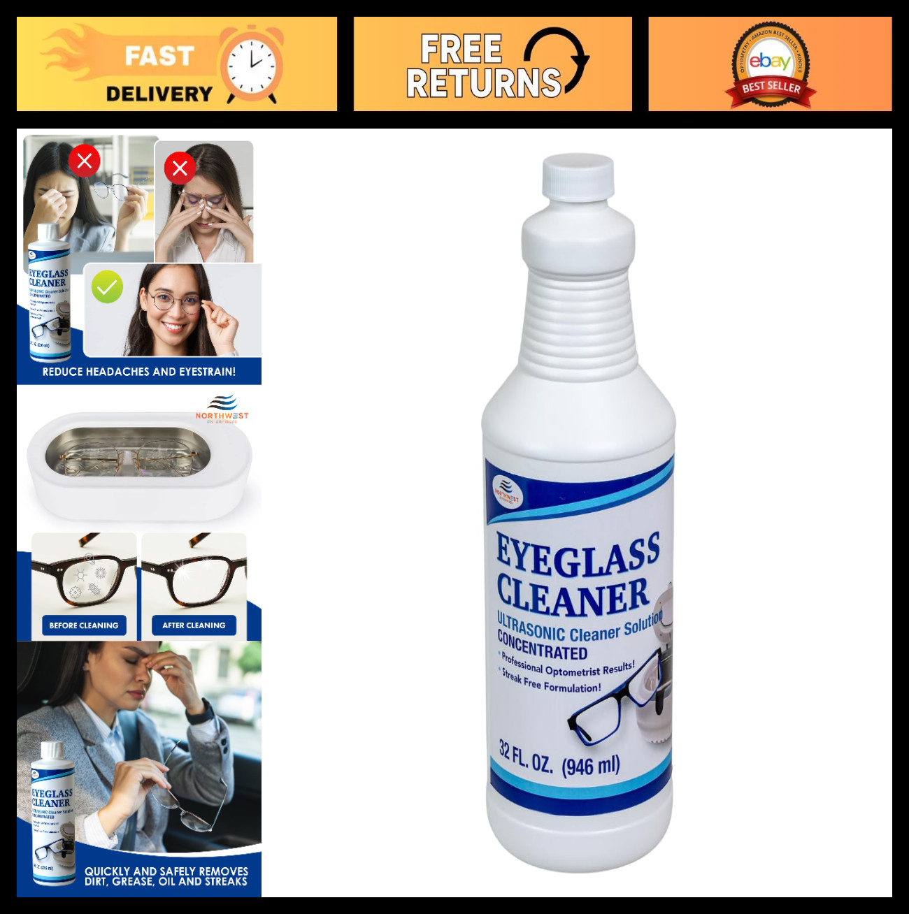 Ultrasonic Eyeglass Cleaner Concentrate 32 oz – Removes Oil, Makeup & Grime