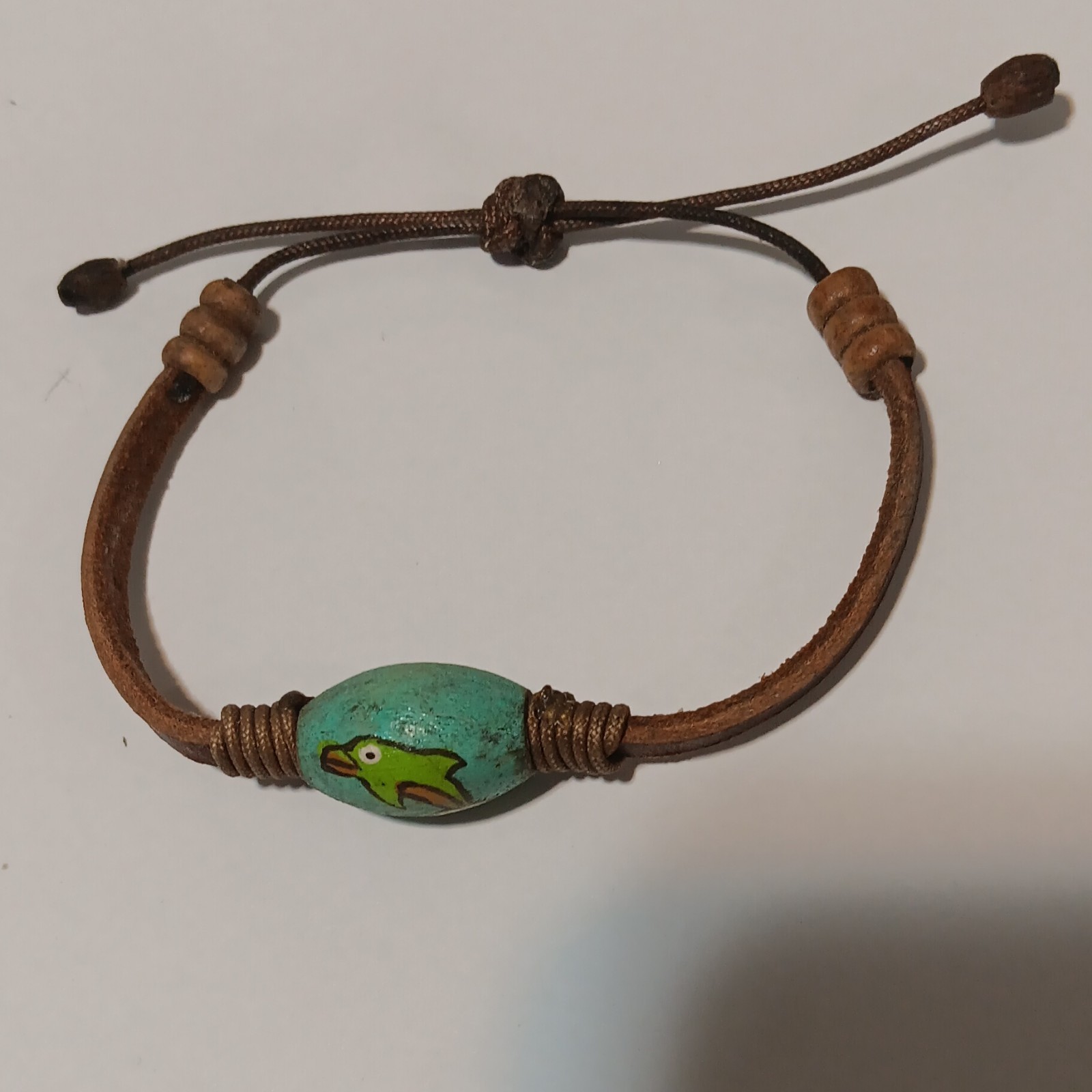 Adjustable Brown Leather Cord Bracelet Bolo Closure Turquoise Bead Dolphin