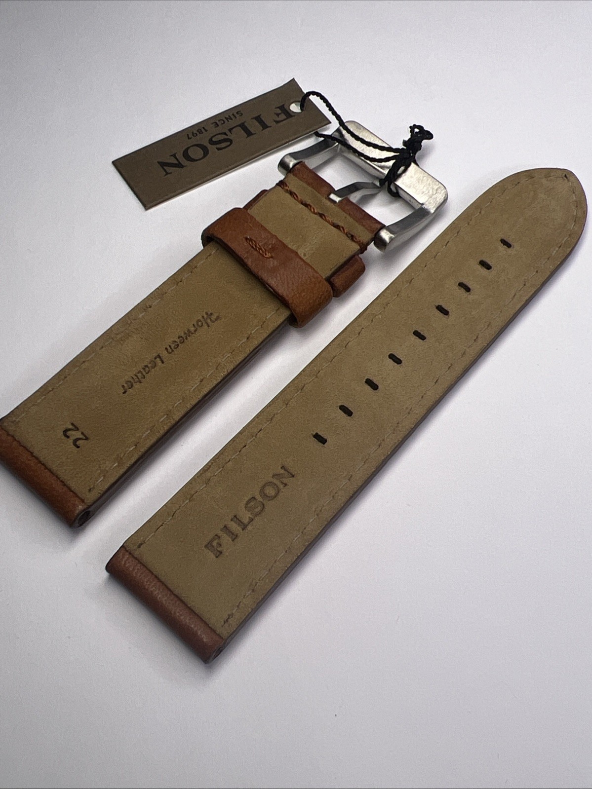 Filson Cognac Brown 22mm x 22mm Leather Watch Strap w/ Steel Tang Clasp