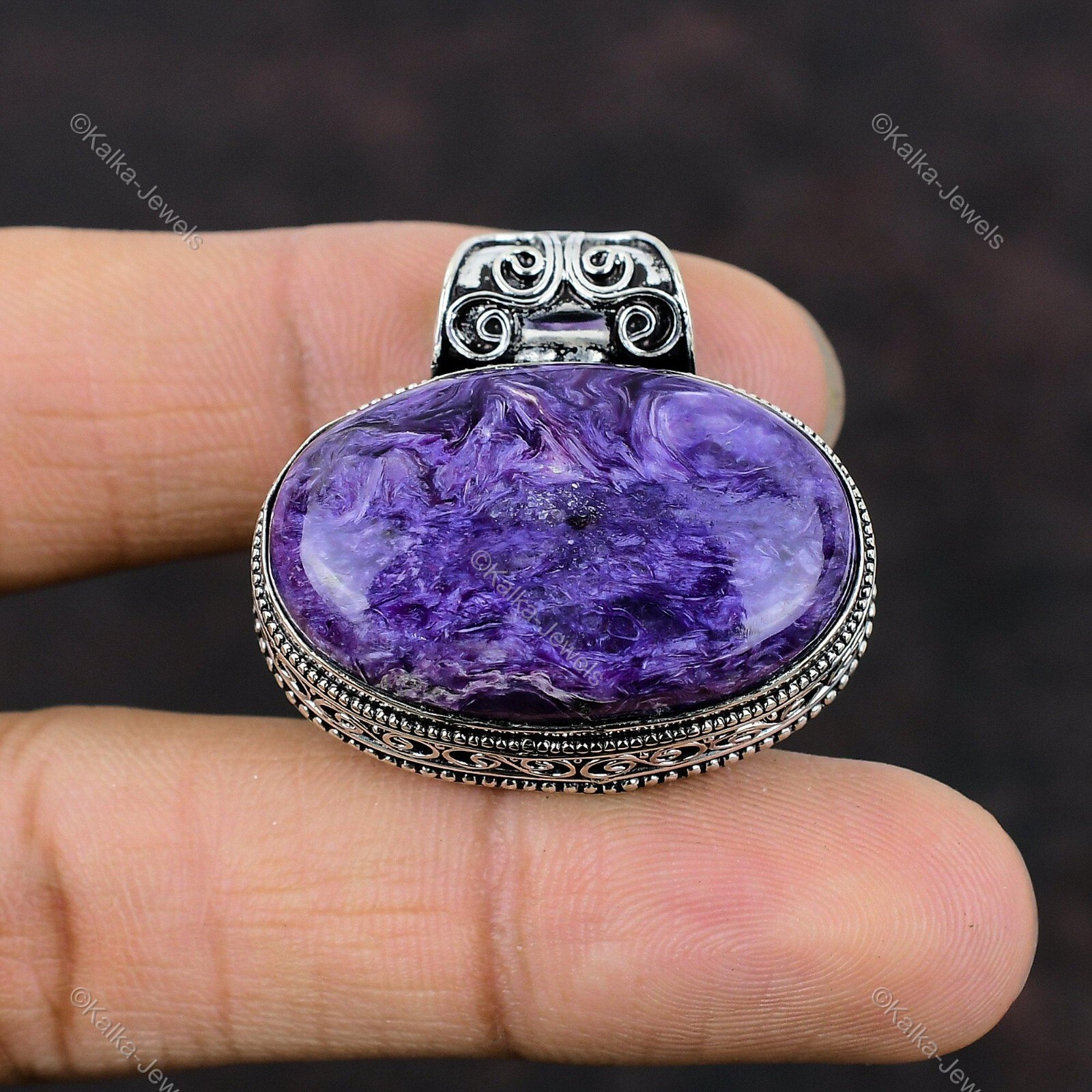 Natural Russian Charoite Gemstone Pendant Vintage Purple 925 Sterling Silver
