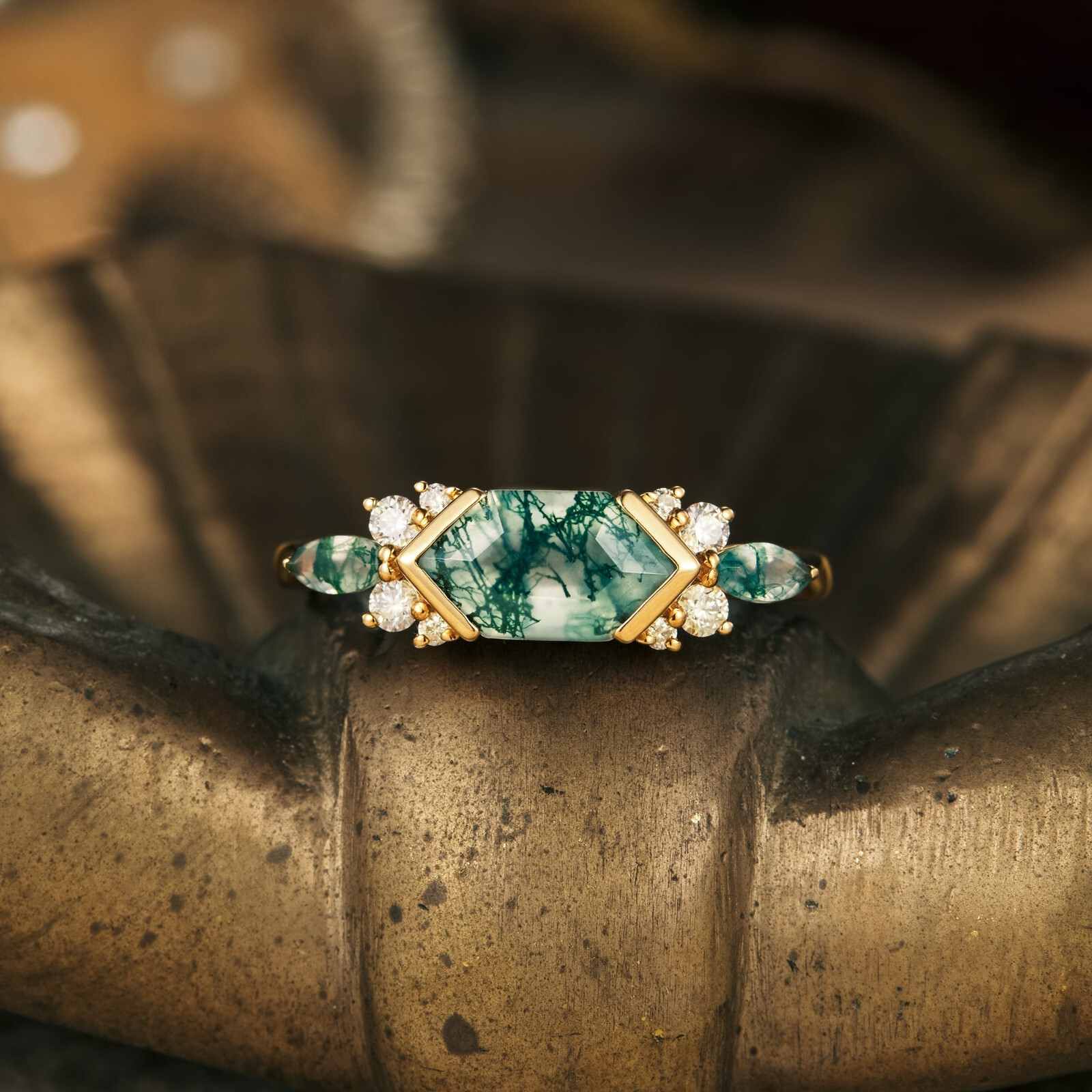 Hexagon Moss Agate Engagement Ring 925 Silver Gold Olated Ring Promise Gift Her