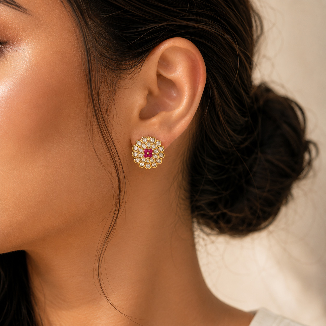 Polki Floral Stud Earrings Pink Tourmaline Gold Plated Indian Wedding Gift
