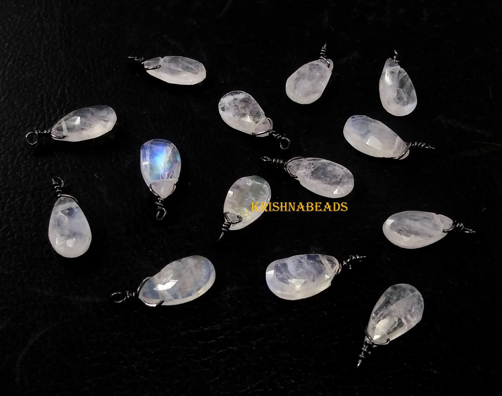 Natural Rainbow Moonstone Pear 6×9-6x10mm Beads Black Plated Wire Wrapped 25Pecs