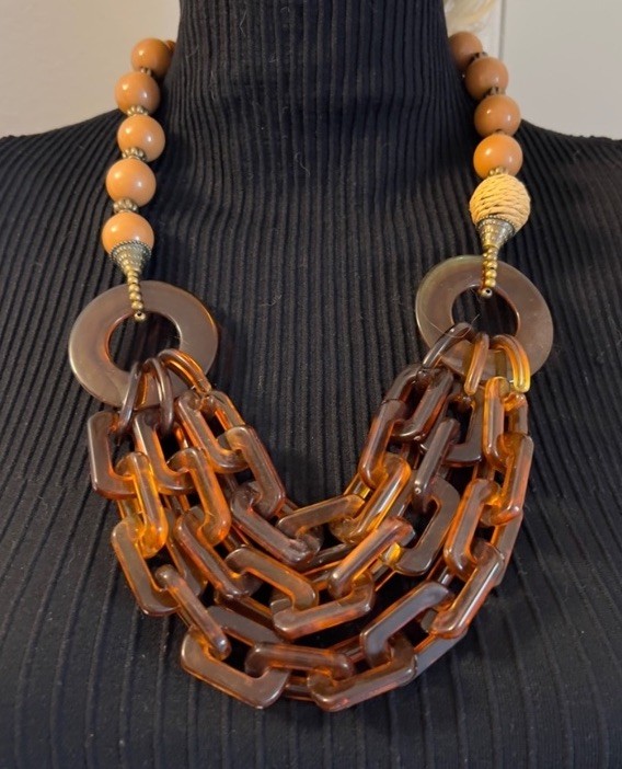 Brown Hues Metal Resin Raffia Beaded Chunk Acrylic Big Links Bib Necklace 24”