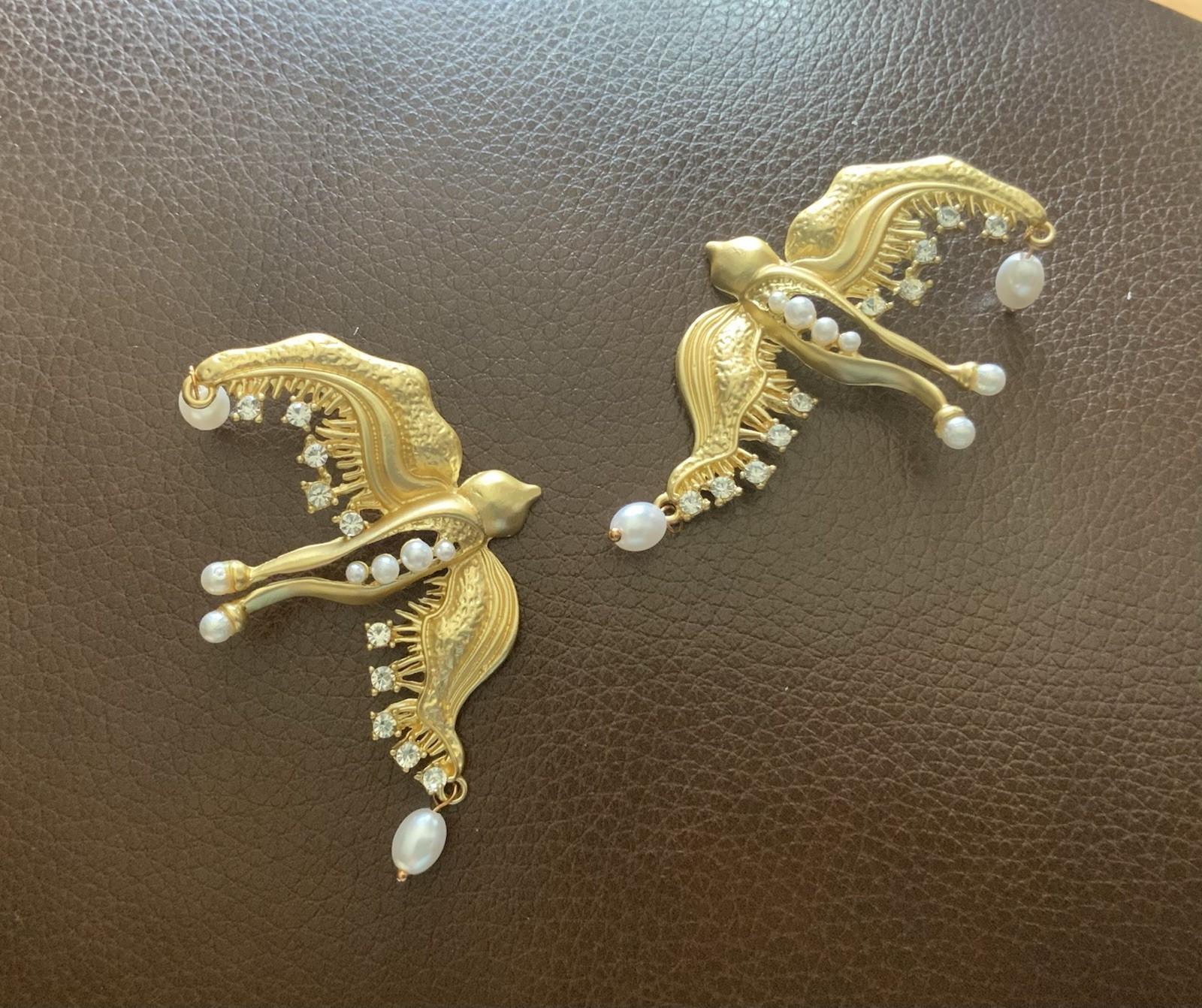Baroque Gold VTG Bird Pearl Earrings Museum Revival Boho Victorian Cottagecore