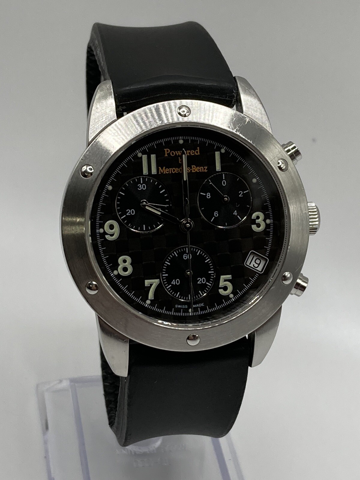 Mercedes Benz 467-280 Men’s Black Date Dial Chrono Resin Band Watch New Batt