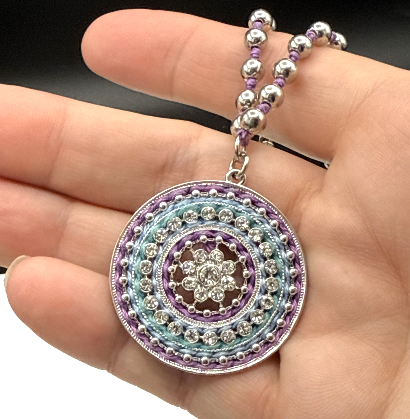 Jessica Simpson Necklace 19 in Pave Crystal Medallion Purple Blue Silver Tone