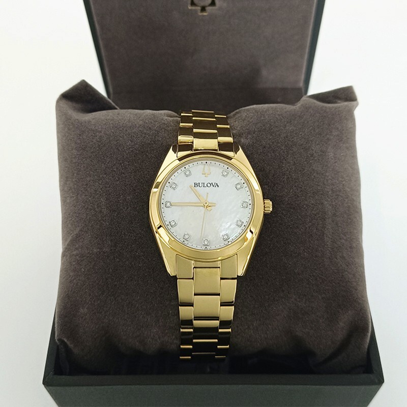 Bulova Surveyor Diamonds Gold Bracelet White Dial Women 97P172 Quartz Watch 31mm