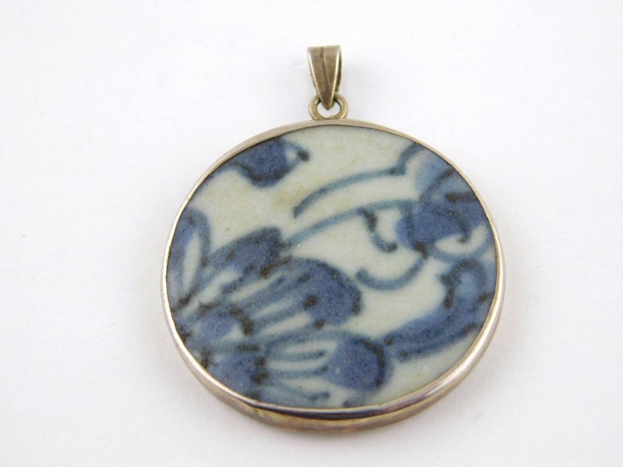 Vintage Sterling Silver Blue and White Floral Porcelain Pendant 925
