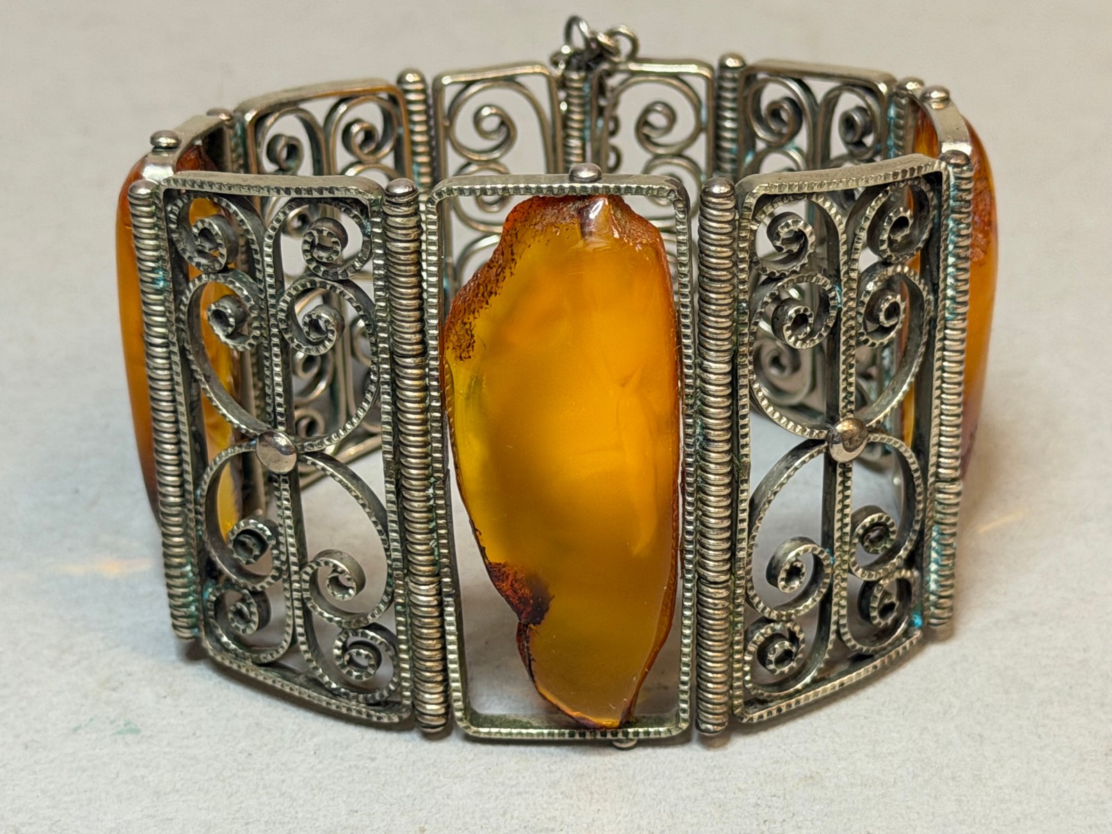 Vintage Soviet USSR Filigree Melchior Panel Bracelet Baltic Amber Honey Cognac