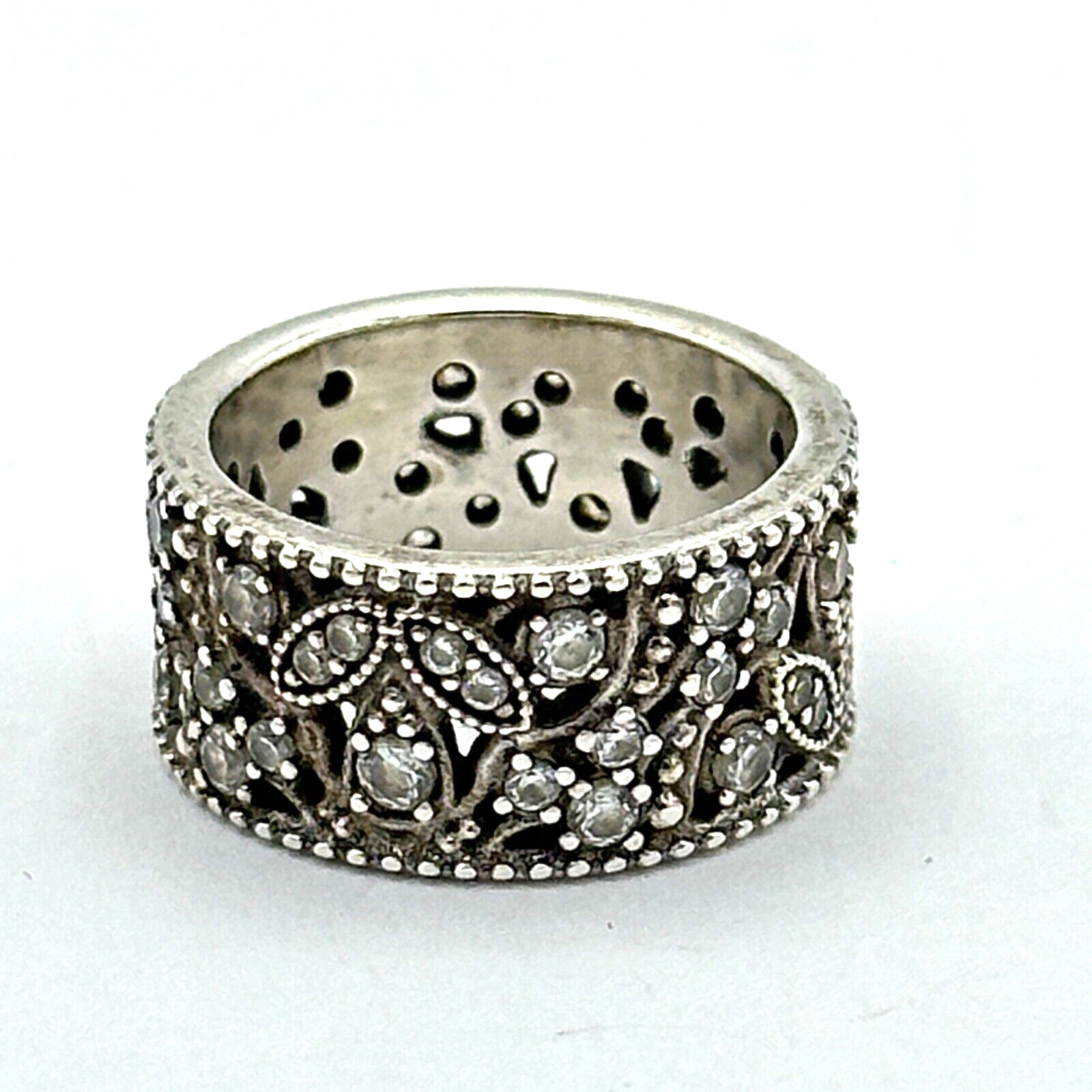 PANDORA Shimmering Leaves ring size 5.25 sterling silver clear CZ 10mm wide band