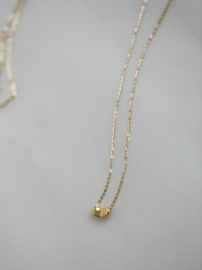 Solid 14K Yellow Gold Bean Pendant Necklace AU585 Stamp, 16.5” Adjustable