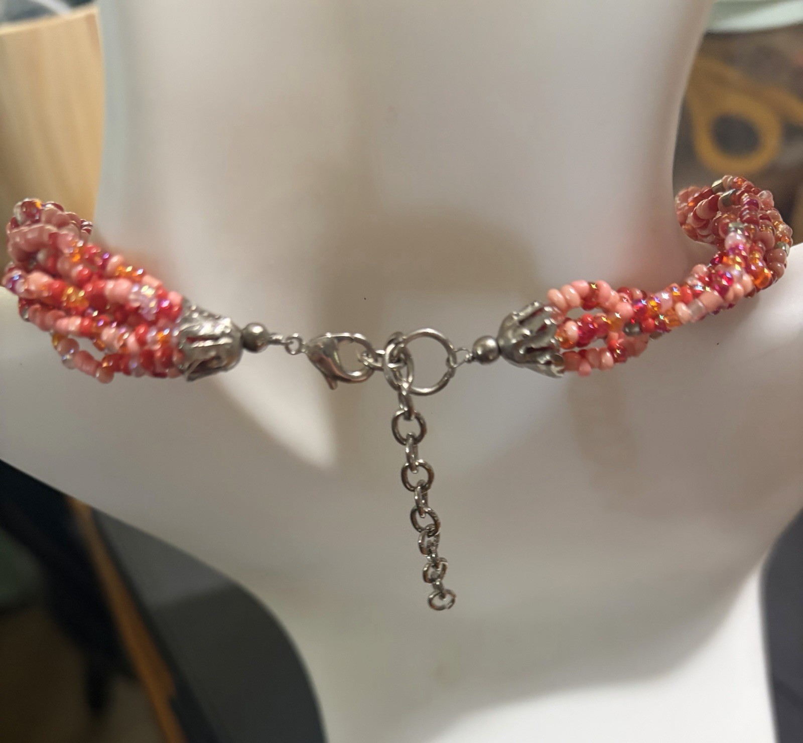 Handmade Orange Pink Silver Seed Beed Necklace 14 Inches With A 2 Inch Extender