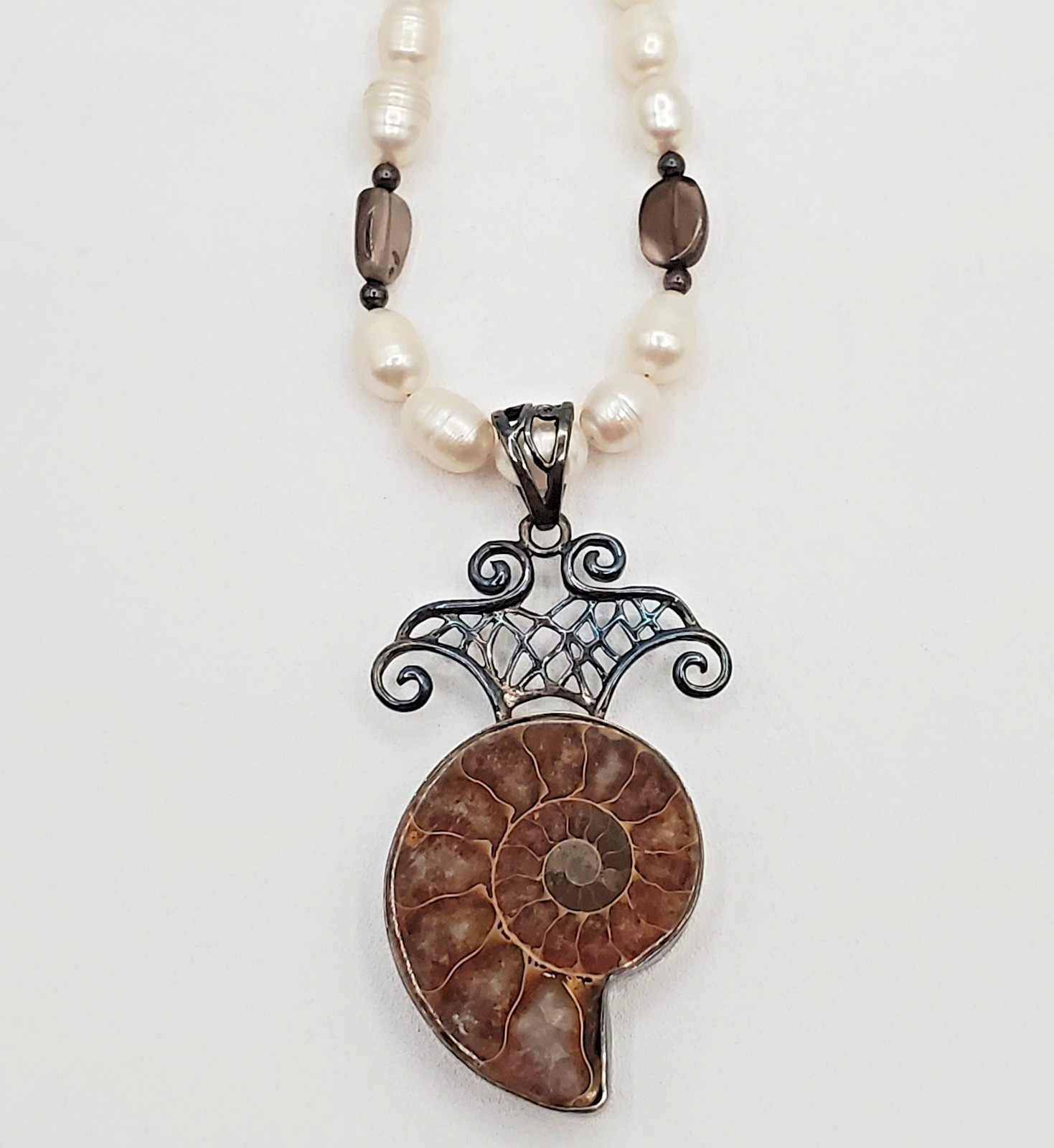 VTG 925 Ammonite Fossil Pendant Pearl Glass 16in Necklace Sterling Silver 40gtw