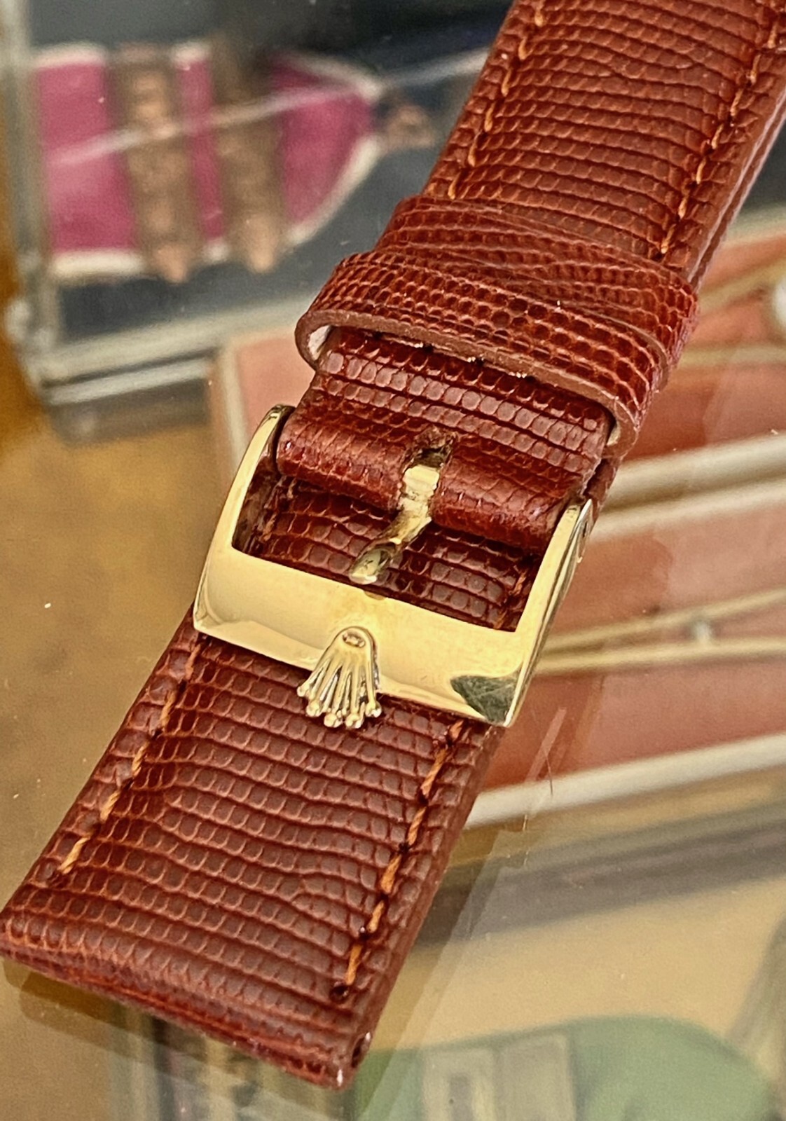 ROLEX 18k GOLD 16mm Logo Buckle Cognac Color Genuine LIZARD 20mm Strap