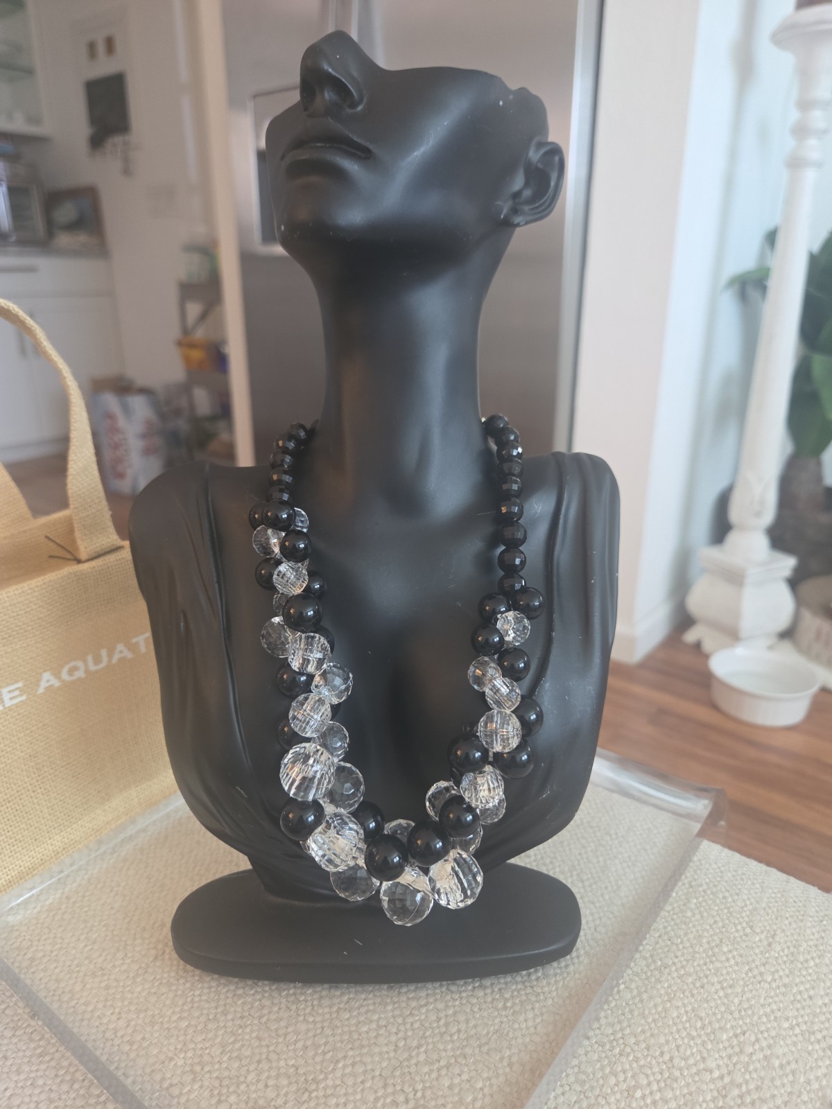 Plastic Black And Crystal Clear Faceted Statement Necklace