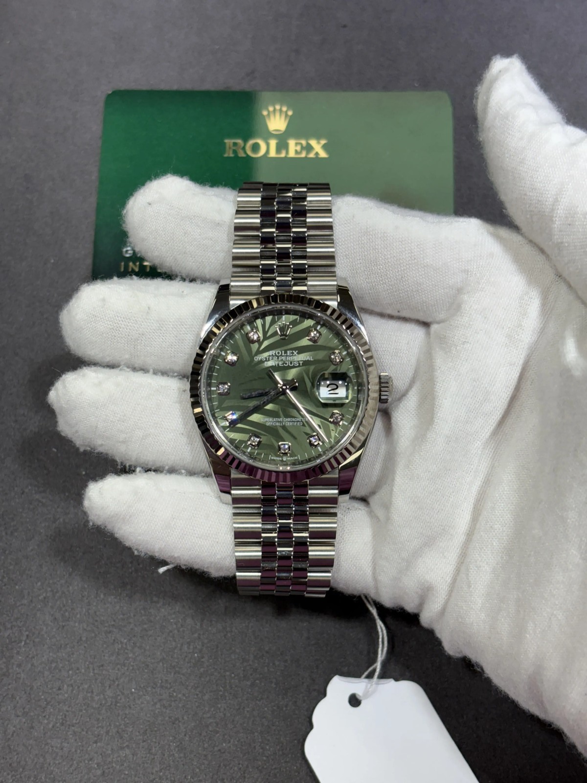 Rolex Datejust 36 Olive Green Palm Motif Dia 6 Jubilee 126234 Card 2023