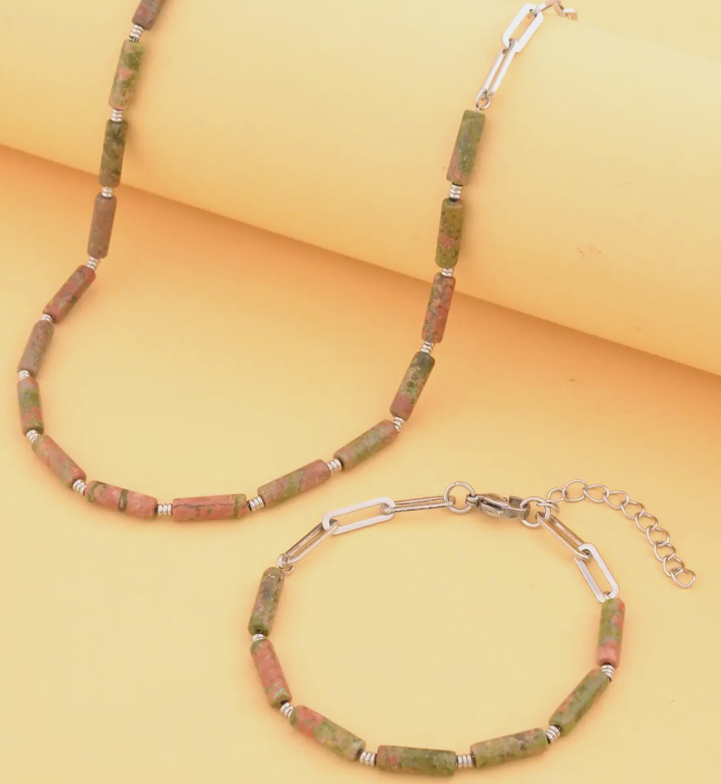 Unakite Paperclip Chain Necklace (20-22 In) & Bracelet (7.5-9.0 In) in Stainless