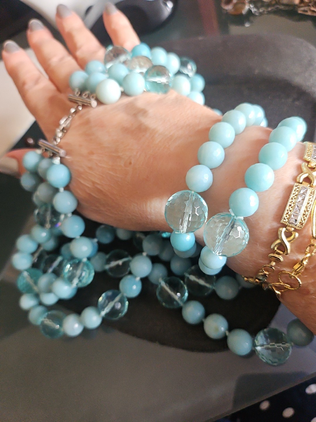 LP Genuine Stones Amazonite Bids & Blue Topaz 3 Strands Silver 925 Necklace 22″