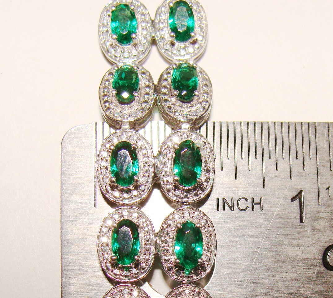 Designer 22.4g Sterling Silver Lab Created Emeralds & 4 Clear Stones Bracelet 7″
