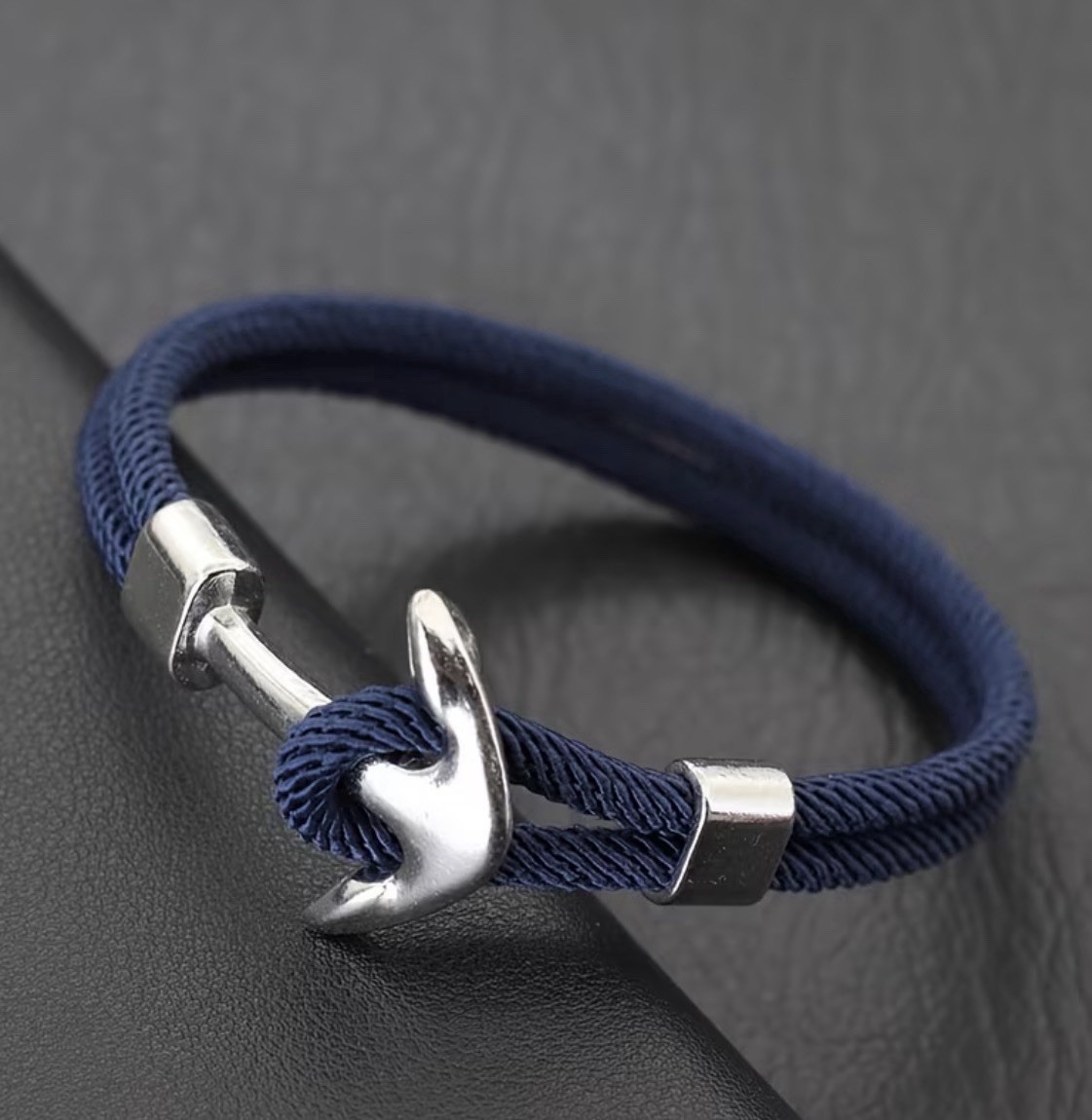 Men’s navy blue rope bracelet with anchor dangle charm, 20.5 cm