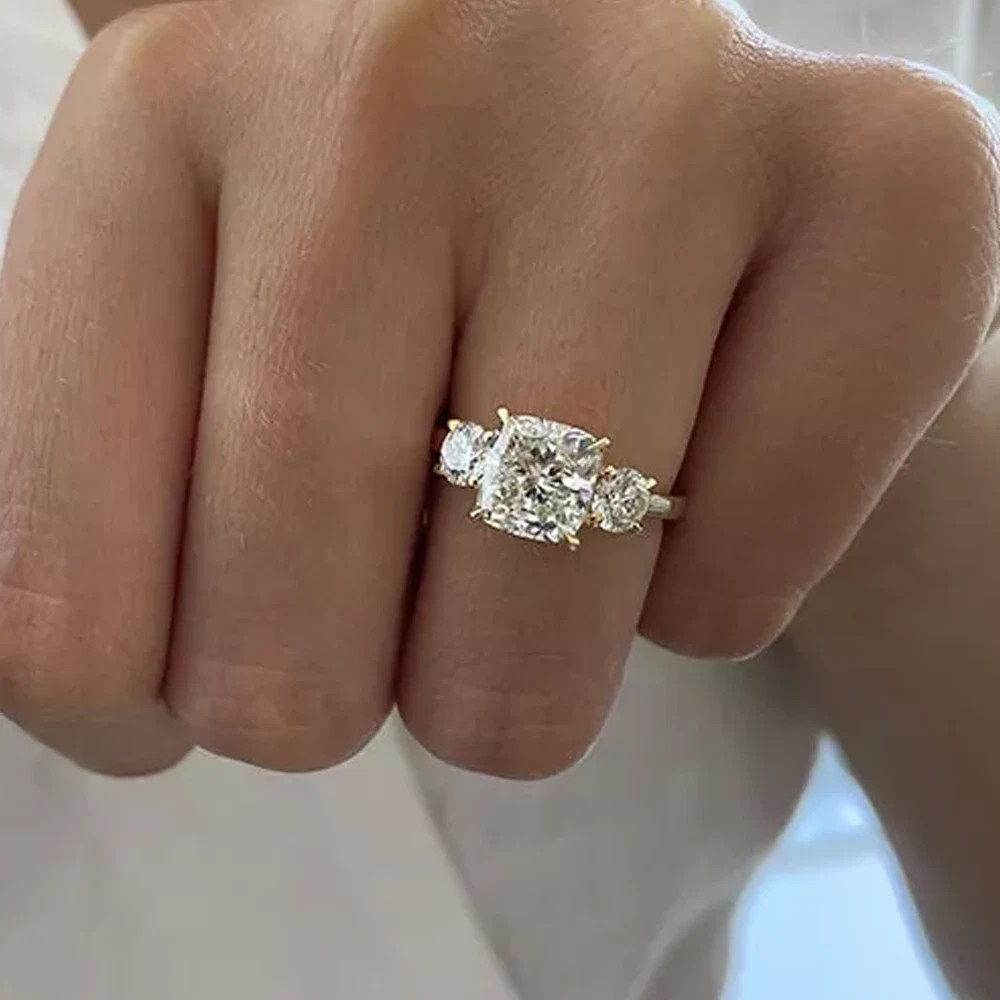 4.76 TCW Cushion Cut Moissanite 3-Stone Engagement Ring In 14K Solid Yellow Gold