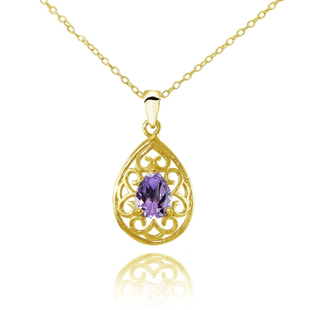 Yellow Gold Flashed Sterling Silver Amethyst Filigree Teardrop Necklace