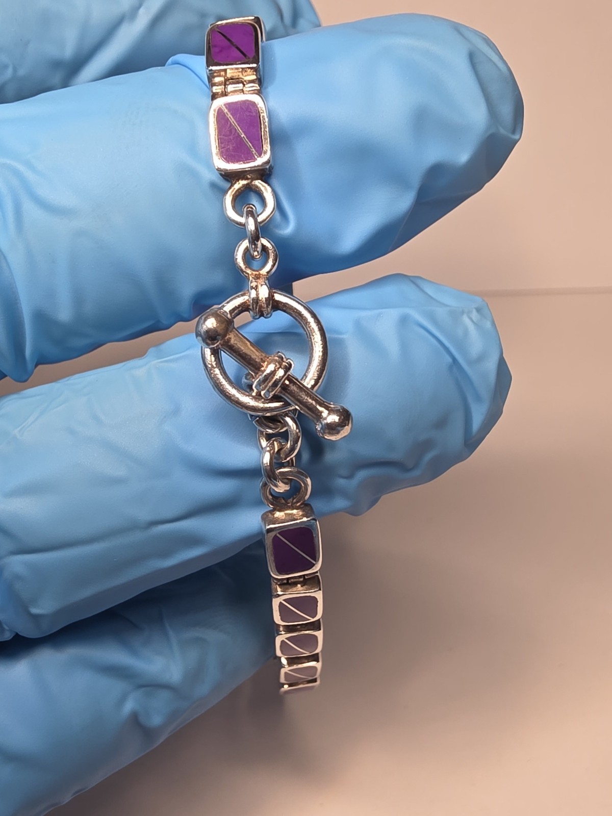 Sterling Silver Southwestern Link Bracelet with Lab Sugilite Inlay about 7inch
