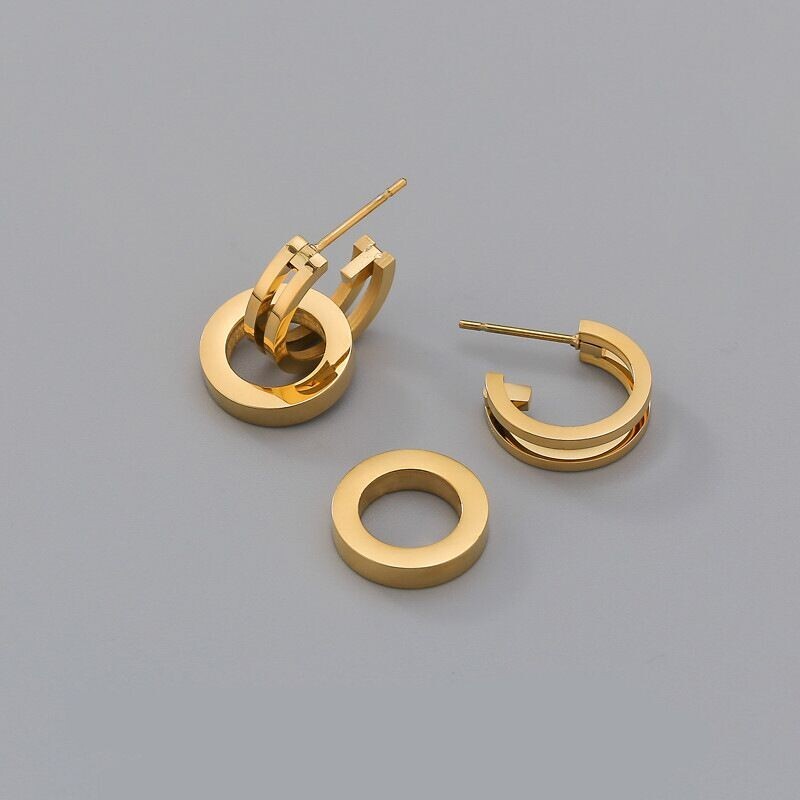 Woman 18K Gold Plated Round Hoop Huggie Earring Stud Stainless Steel