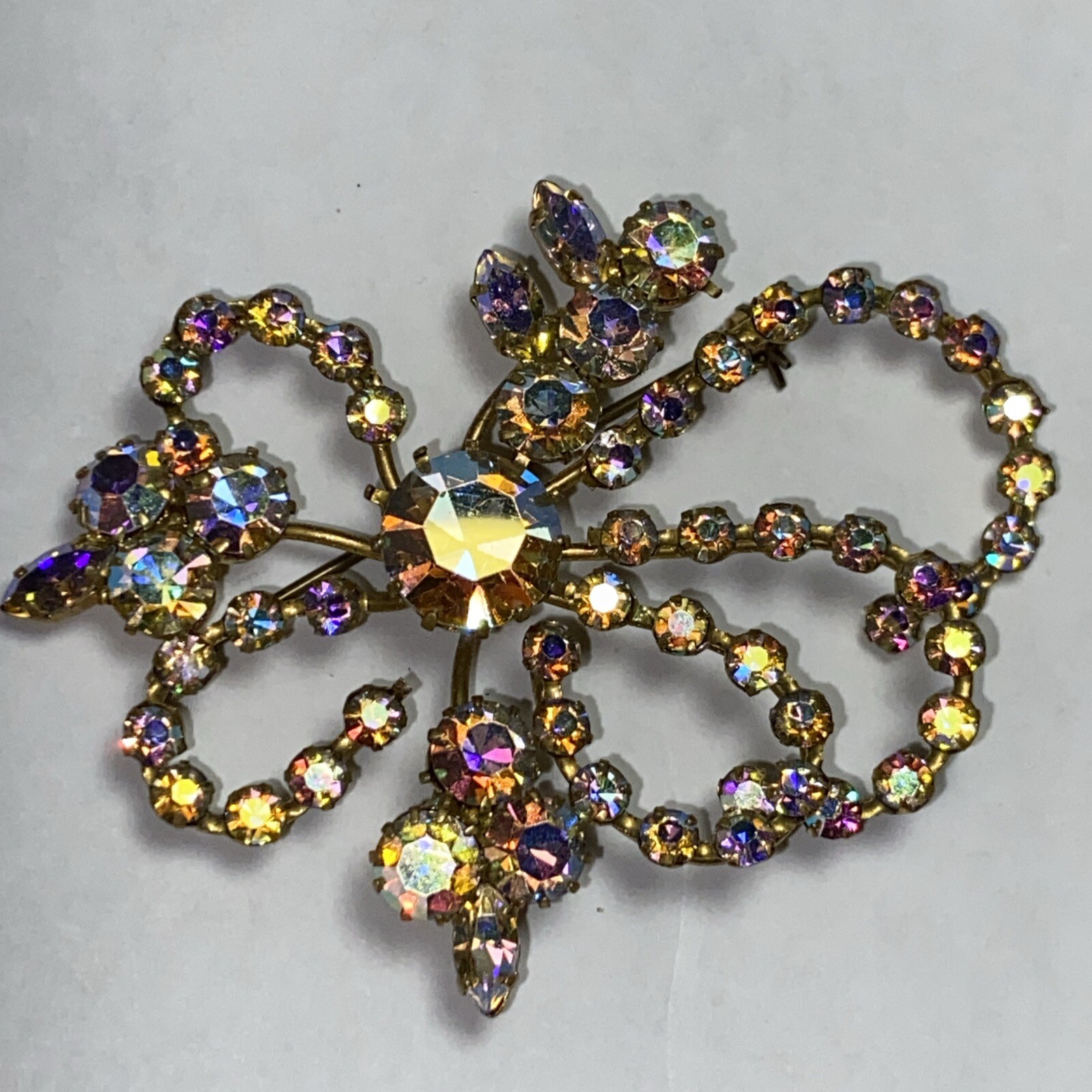 Brooch Pin Austrian Big Aurora Borealis Vintage Beauty 2.75” Colors Signed