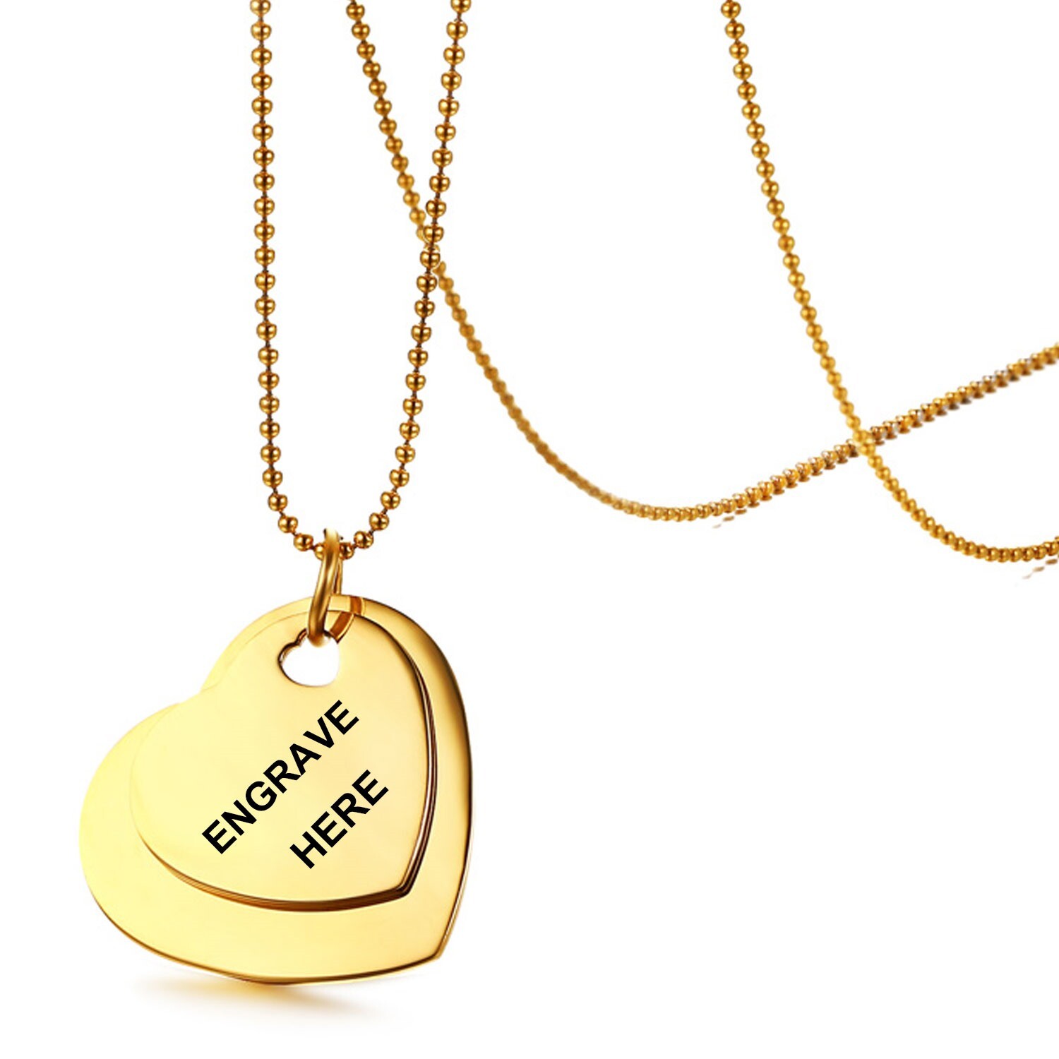 Engraved Stainless Steel Double Heart Pendant & Necklace Silver or Gold Plated