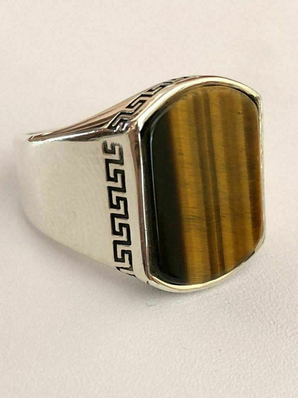 Solid 925 Sterling Silver Tiger’s Eye Mens Signet Ring Size 7 8 9 10 11 12 13