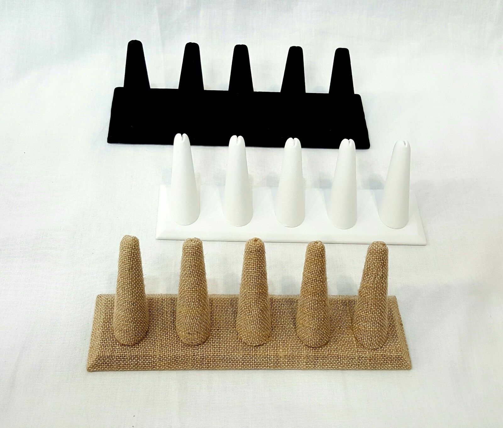NEW 5 Ring Finger Jewelry Display Velvet Leather Linen Countertop Ring Holder